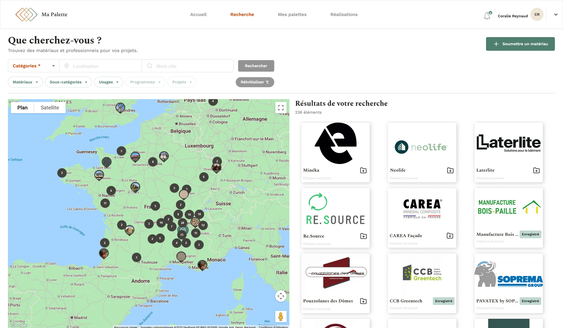 Ma Palette geolocated search interface for ecological building materials